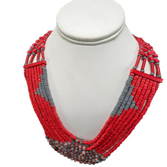 Vintage Multilayer Red & Gray Beaded Statement Necklace HS201 - Picture 5 of 9